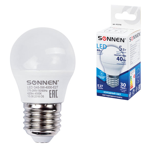 Лампа светодиодная SONNEN,  5 (40) Вт, E27, шарообразная, цвет нейтральный белый, Китай