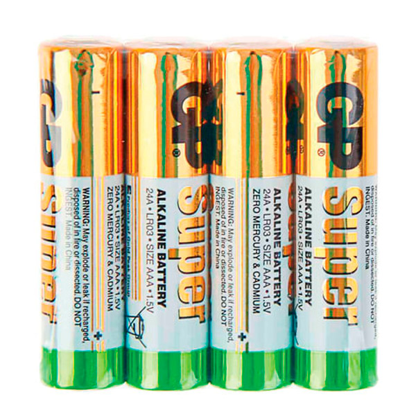 Батарейки AAA (мизинчиковые,  LR03), алкалиновые, 1,5 В, в комплекте:  4 шт., GP, "Super", термоусадочная пленка, Китай