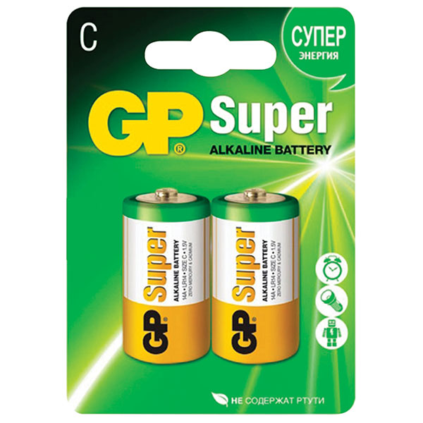 Батарейка C ( LR14), алкалиновая, GP, "Super", комплект 2 шт., блистер, Китай
