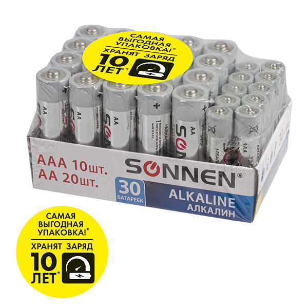 Набор батареек SONNEN, AAA+AA, Alkaline, алкалиновые, комплект 30 шт