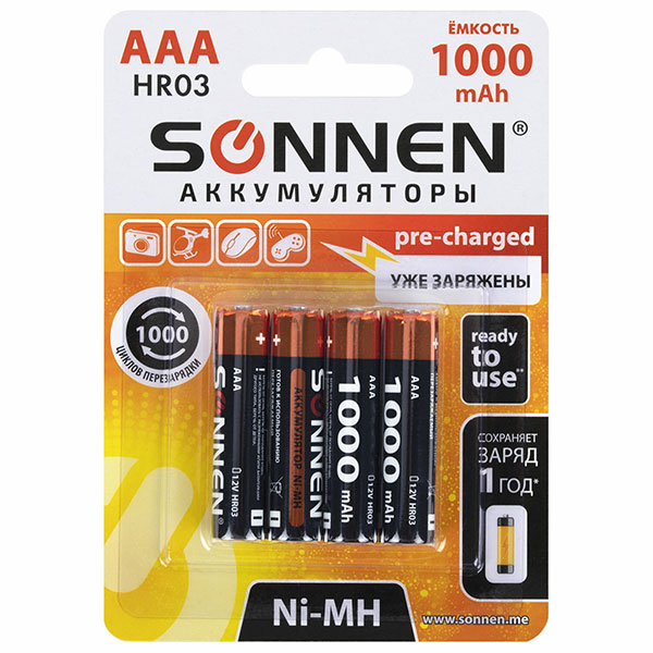 Аккумулятор AAA (HR03), 1000 мАч, SONNEN, комплект 4 шт., Ni-MH, Китай