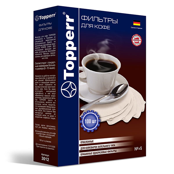 Фильтр для кофеварок Topperr, №4, в упаковке 100 шт., бумажный, отбеленный, 3012, Россия