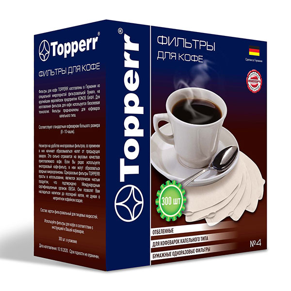 Фильтр для кофеварок Topperr, №4, в упаковке 300 шт., бумажный, отбеленный, 3048, Россия