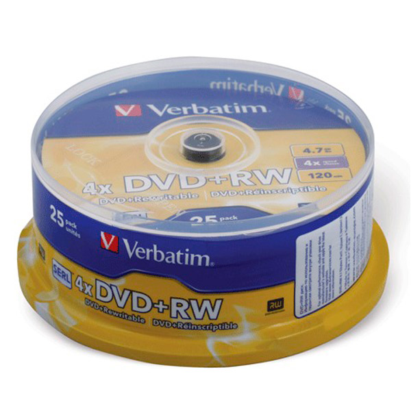 Диск тип DVD+RW, 4,7 GB, в упаковке 25 шт., Verbatim, скорость записи 4х, cake box, Тайвань (Китай)