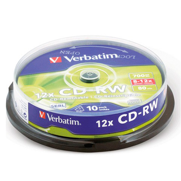 Диск тип CD-RW, 0,7 GB, в упаковке 10 шт., Verbatim, скорость записи 12х, cake box, Тайвань