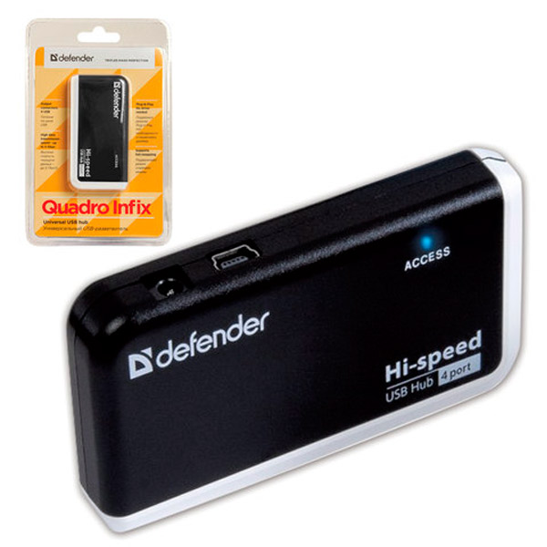 Разветвитель USB портов Defender, "QUADRO INFIX", USB 2,0, порт для питания, цвет черный, 83504, Китай