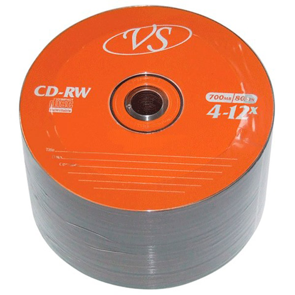 Диск тип CD-RW, 0,7 GB, в упаковке 50 шт., VS, скорость записи 4-12x, bulk, Тайвань (Китай)