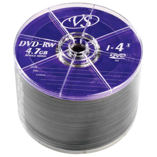 Диск тип DVD-RW, 4,7 GB, в упаковке 50 шт., VS, скорость записи 4х, bulk, Тайвань