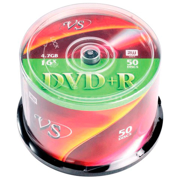 Диск тип DVD+R, 4,7 GB, в упаковке 50 шт., VS, скорость записи 16x, cake box, Россия