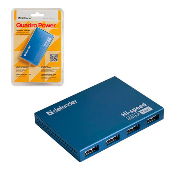 Разветвитель USB портов Defender, "SEPTIMA SLIM", USB 2,0, 7 шт., порт для питания, цвет голубой, 83505, Китай