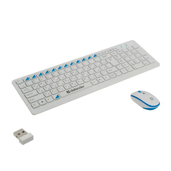 Набор (клавиатура и мышь) беспроводной, Defender, Skyline895, мышь 3 кнопки + 1 колесо-кнопка, клавиатура 104 клавиши, цвет белый/голубой, 45895, Китай