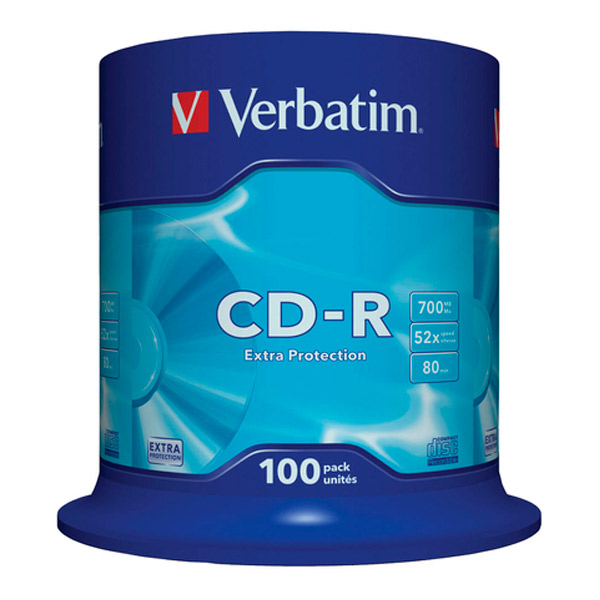 Диск тип CD-R, 0,7 GB, в упаковке 100 шт., Verbatim, скорость записи 52x, cake box, Тайвань