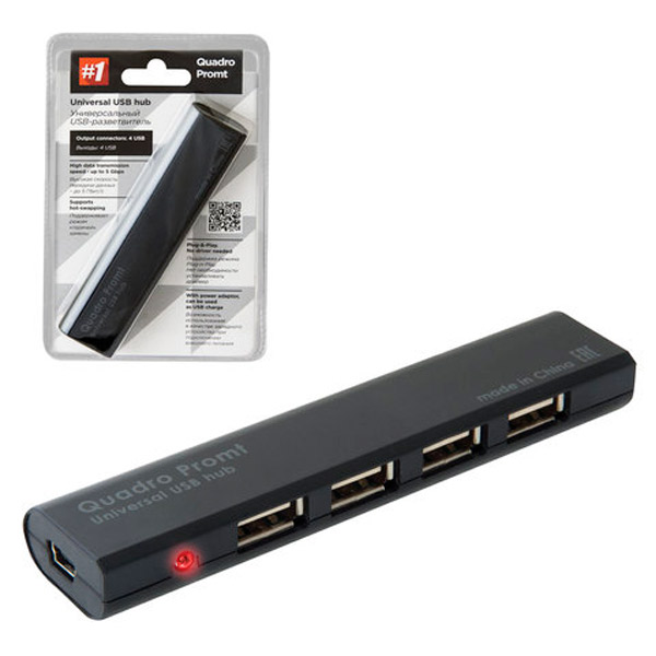 Разветвитель USB портов Defender, "Quadro Promt", USB 2,0, 4 шт., порт для питания, цвет черный, 83200, Китай