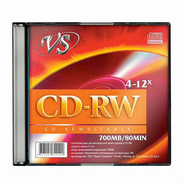 Диск тип CD-RW, 0,7 GB, VS, скорость записи 4-12x, Slim Case, Тайвань (Китай)