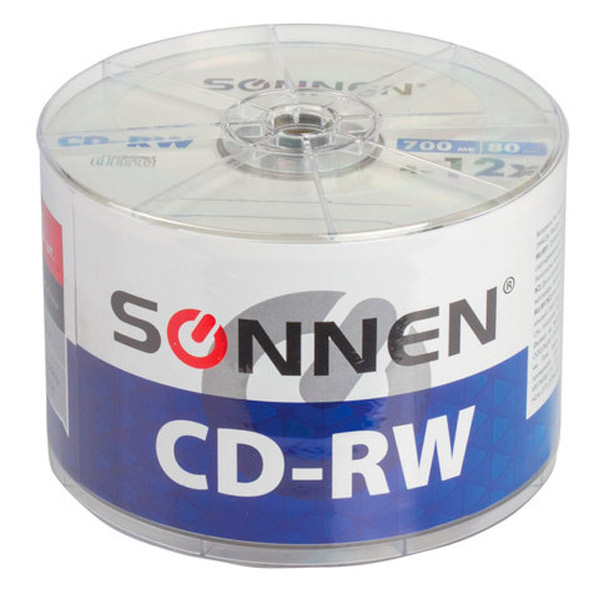 Диск тип CD-RW, 0,7 GB, в упаковке 50 шт., SONNEN, скорость записи 4-12x, bulk, Вьетнам