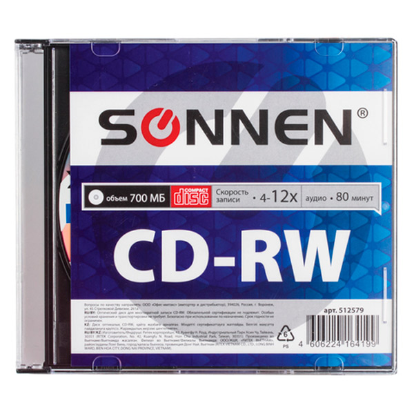 Диск тип CD-RW, 0,7 GB, SONNEN, скорость записи 4-12x, Slim Case, Вьетнам