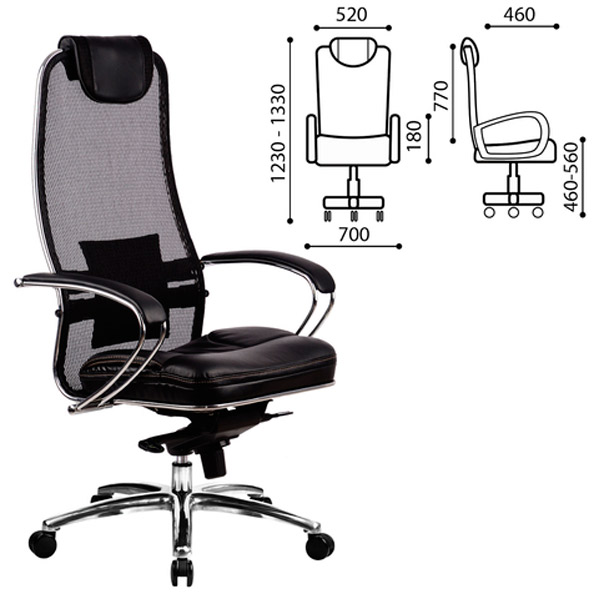 Кресло для руководителя МЕТТА, "SAMURAI" SL-1, цвет черный, сверхпрочная ткань-сетка/кожа, Россия