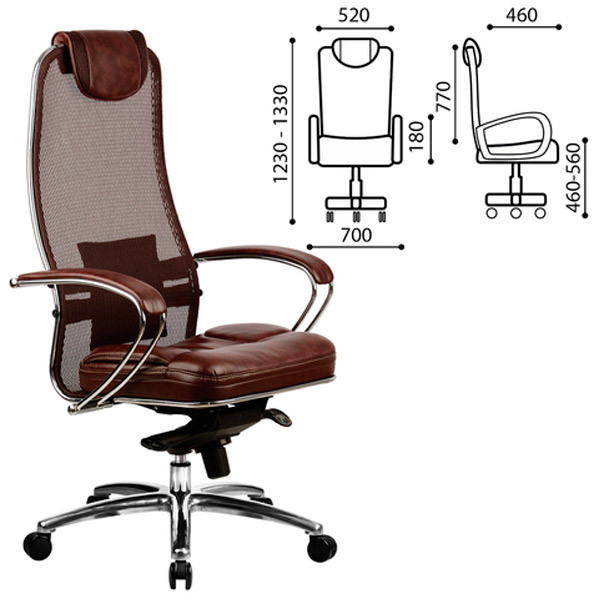 Кресло для руководителя МЕТТА, "SAMURAI" SL-1, цвет темно-коричневый, кожа с компаньоном, сетка, кожа рециклированная, Россия