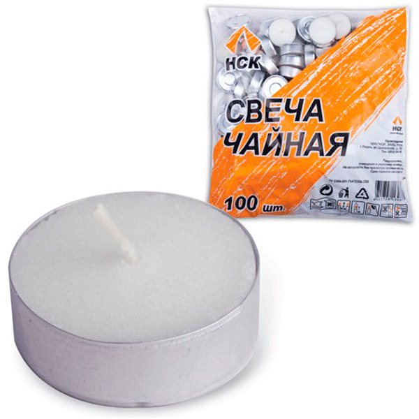 Свеча чайная, высота 1,6 см, комплект 100 шт., цвет белый, Россия