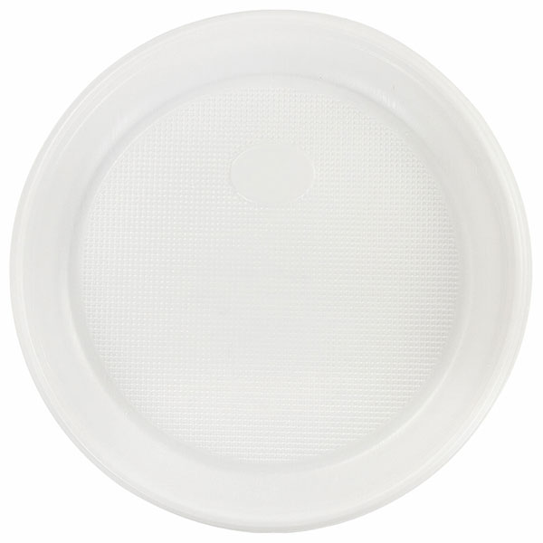 Тарелка одноразовая пластиковая мелкая, диаметр 170 мм, в упаковке 100 шт., цвет белый, пластик, ЛАЙМА, "Бюджет", Россия