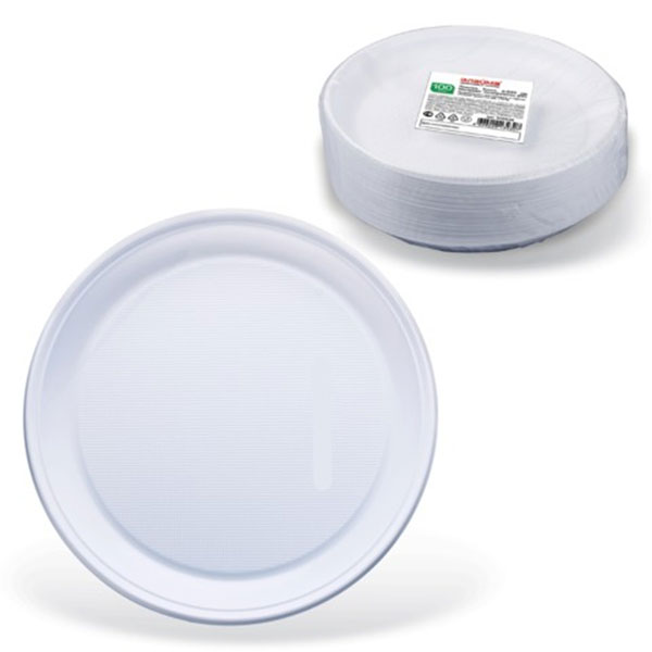 Тарелка одноразовая пластиковая мелкая, диаметр 220 мм, в упаковке 100 шт., цвет белый, количество секций 1, полипропилен, ЛАЙМА, "Бюджет", Россия