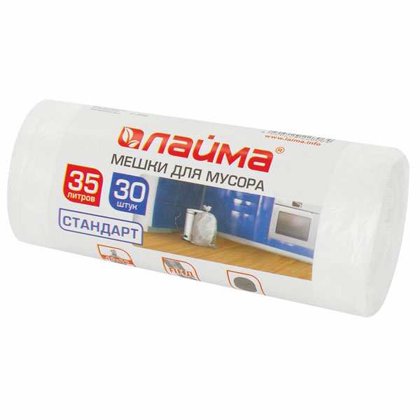 Мешки д/ мусора  35л,   30шт,  6мкм, белые, ЛАЙМА, ПНД, 48*55см, в рулоне, 605538