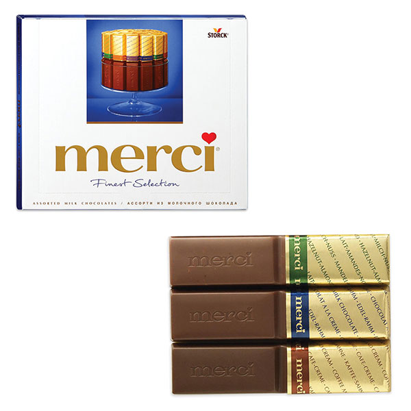 Конфеты Merci, ассорти из молочного шоколада, вес  250 г, упаковка картонная коробка, Германия