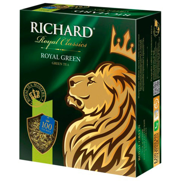 Чай пакетированный RICHARD, "Royal Green", зеленый, 100 пакетиков по 2 г, Россия, 610150