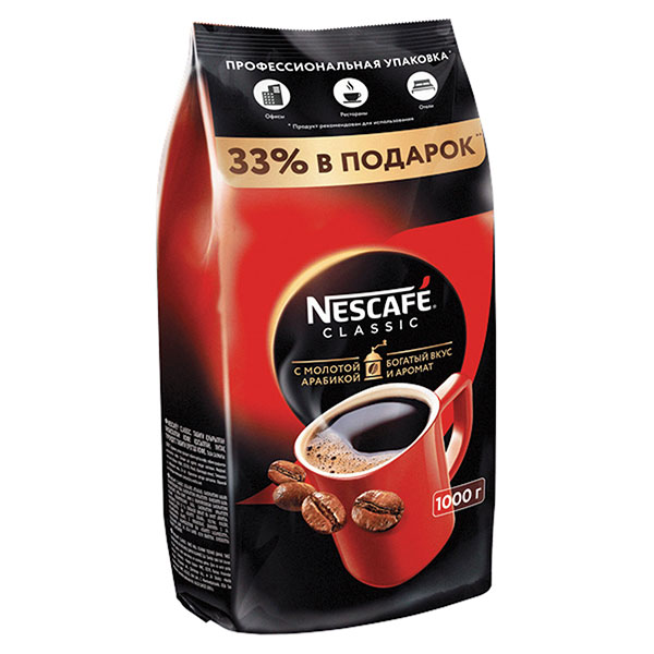 Кофе растворимый, Nescafe, "Classic", вес 1000 г, гранулированный, упаковка мягкая упаковка, Россия