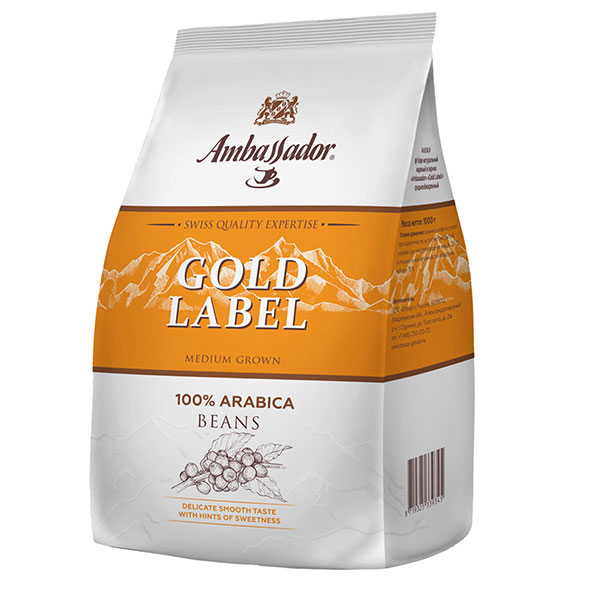 Кофе в зернах Ambassador, "Gold Label", вес 1000 г, 100% Арабика, Россия