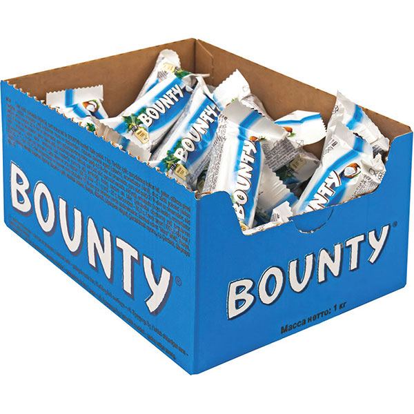 Конфеты шоколадные, Bounty, Minis, вес 1000 г, упаковка картонная коробка, Россия