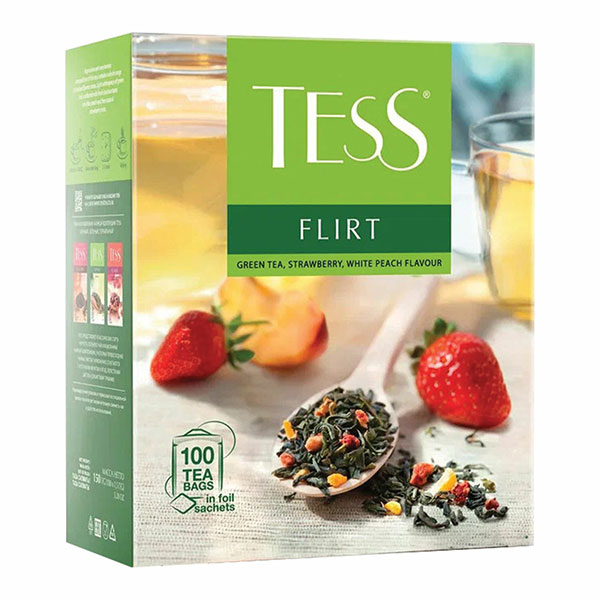 Чай пакетированный Tess, "Flirt", зеленый, с клубникой и персиком, 100 пакетиков по 1,5 г, Россия, 1476-09