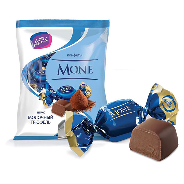 Конфеты шоколадные, KONTI, "Моне" со вкусом молочного трюфеля, вес  200 г, упаковка пакет, Россия