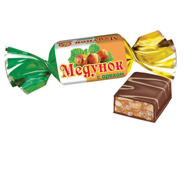 Конфеты шоколадные, Славянка, "Медунок" с орехом и мягкой карамелью, вес 1000 г, упаковка пакет, Россия