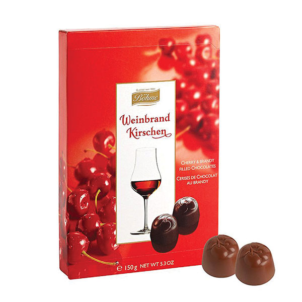 Конфеты шоколадные, BOHME, "Weinbrand Kirschen" с вишней в коньяке, вес  150 г, упаковка картонная коробка, Россия