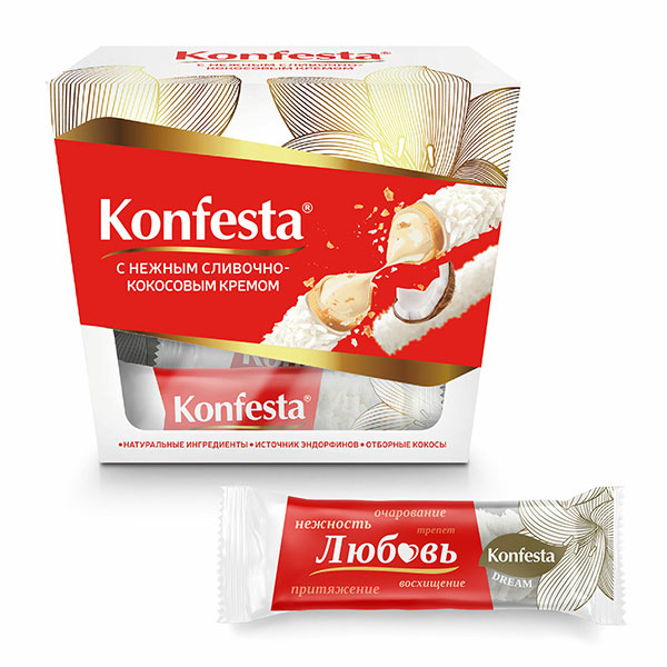 Конфеты вафельные, KONFESTA, со сливочно-кокосовым кремом, вес  150 г, упаковка картонная коробка, Россия