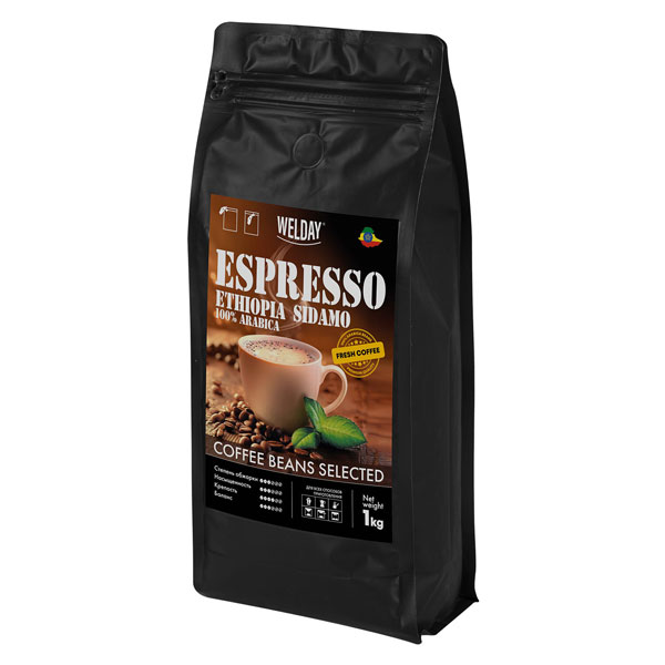 Кофе в зернах WELDAY (ВЭЛДЭЙ) "ESPRESSO ЭФИОПИЯ СИДАМО" 1 кг, арабика 100%, 624399