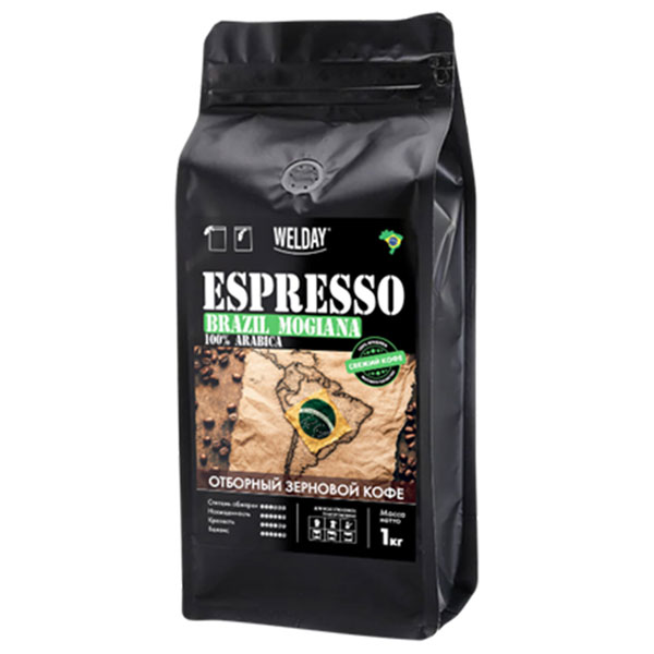 Кофе в зернах WELDAY (ВЭЛДЭЙ) "ESPRESSO БРАЗИЛИЯ МОЖИАНА" 1 кг, арабика 100%, 624400