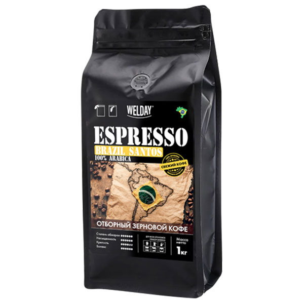 Кофе в зернах WELDAY (ВЭЛДЭЙ) "ESPRESSO БРАЗИЛИЯ САНТОС" 1 кг, арабика 100%, 624401