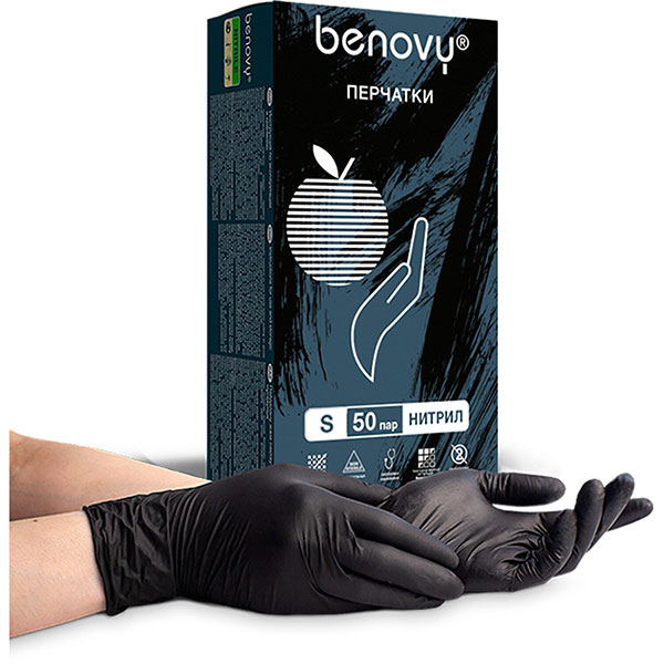 Перчатки нитрил,  смотровые, в упаковке 50 пар (100 штук), р-р S, Benovy, "Nitrile MultiColor", цвет черный