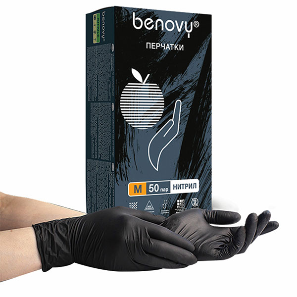 Перчатки нитрил,  смотровые, в упаковке 50 пар (100 штук), р-р M, Benovy, "Nitrile MultiColor", цвет черный