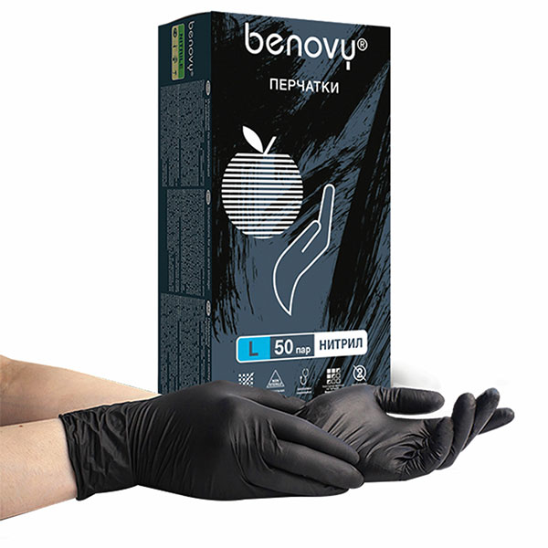 Перчатки нитрил,  смотровые, в упаковке 50 пар (100 штук), р-р L, Benovy, "Nitrile MultiColor", цвет черный