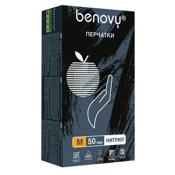 Перчатки нитрил однораз, M,  50пар, Benovy Nitrile MultiColor, черные, медиц, смотровые, н/о, н/с, текст., шк2834