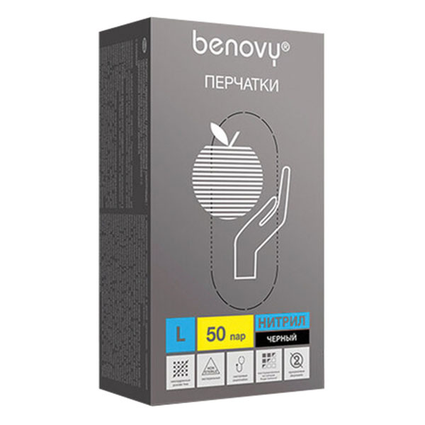 Перчатки нитрил однораз, L,  50пар, Benovy Nitrile MultiColor, черные, медиц, смотровые, н/о, н/с, текст., шк2247