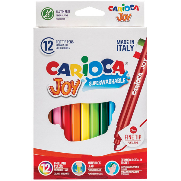 Фломастеры 12 цв. Carioca, "Joy", комплект 12 шт., толщина линии письма 1-2,6 мм, вентилируемый колпачок, смываемые, Италия