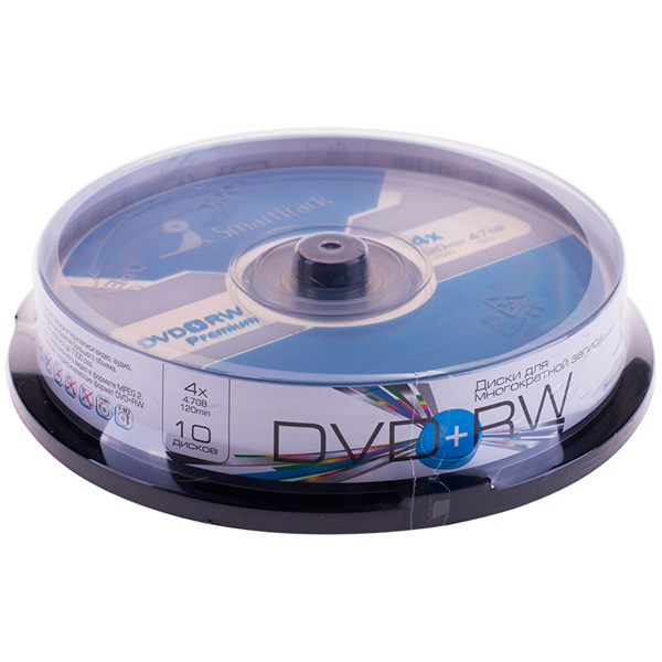 Диск тип DVD+RW, 4,7 GB, в упаковке 10 шт., Smart Track, скорость записи 4х, cake box, Тайвань (Китай)