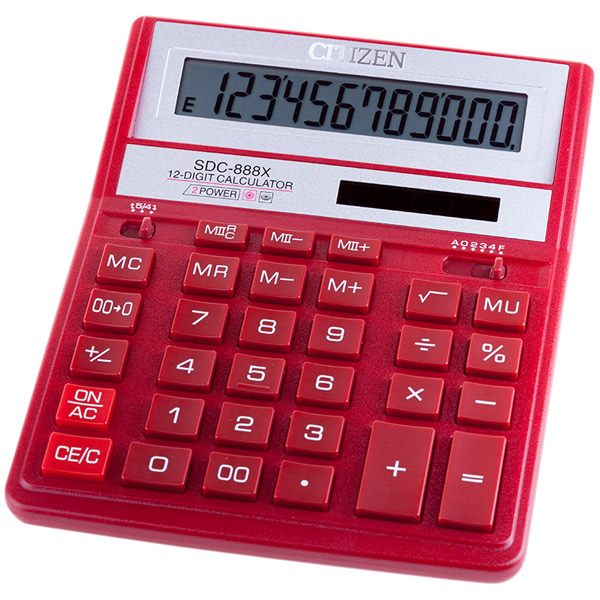 Калькулятор настольный Citizen, SDC-888XRD, 12 разрядов, двойное питание, 205*159*27 мм, цвет красный, Филиппины