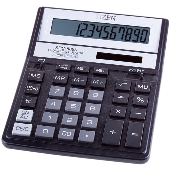 Калькулятор настольный Citizen, SDC-888XBK, 12 разрядов, двойное питание, 205*159*27 мм, цвет черный, Филиппины