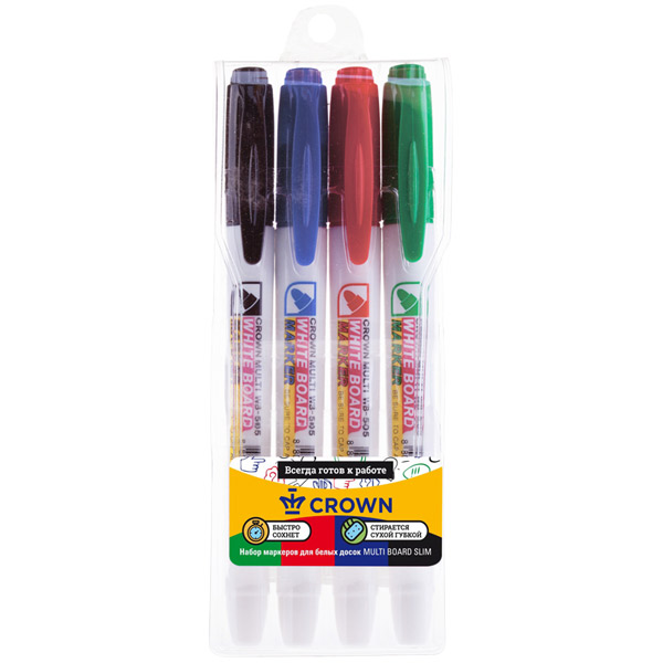 Набор маркеров для белых досок в упаковке 4 шт., 4 цвета, круглый, толщина линии письма 2,0 мм, CROWN, "Multi Board Slim", Республика Корея, WB-505-4(SET)