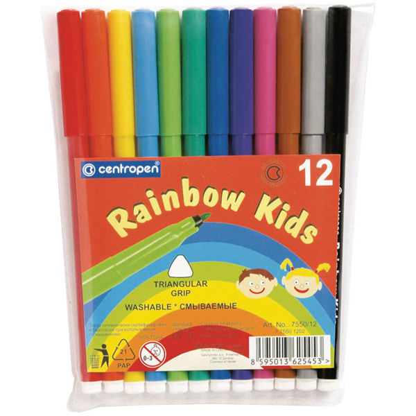Фломастеры 12 цв. CENTROPEN, "Rainbow Kids", комплект 12 шт., толщина линии письма 1-2 мм, вентилируемый колпачок, смываемые, Чехия